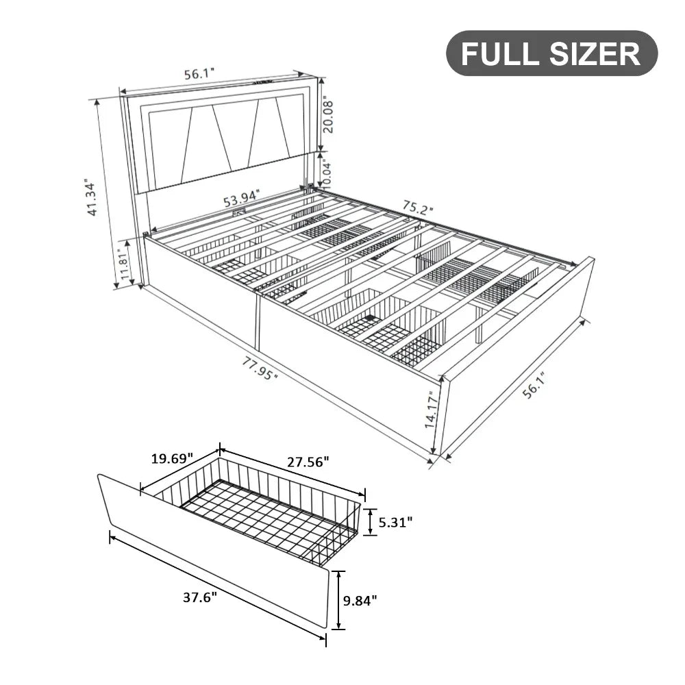 Leather Bed Frame Full, Upholstered Platform Bed with USB Ports, APP Control, White