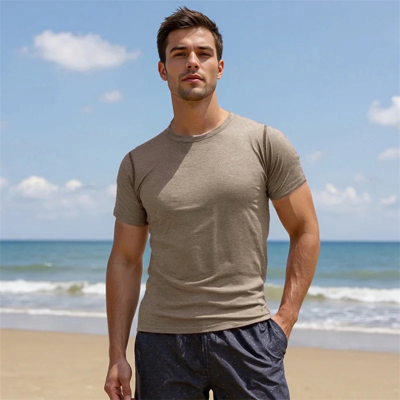 Men s Reversible Round Neck Short Sleeve T-Shirts with Stitching Detail - Casual  Fit Tops for Summer Fashion