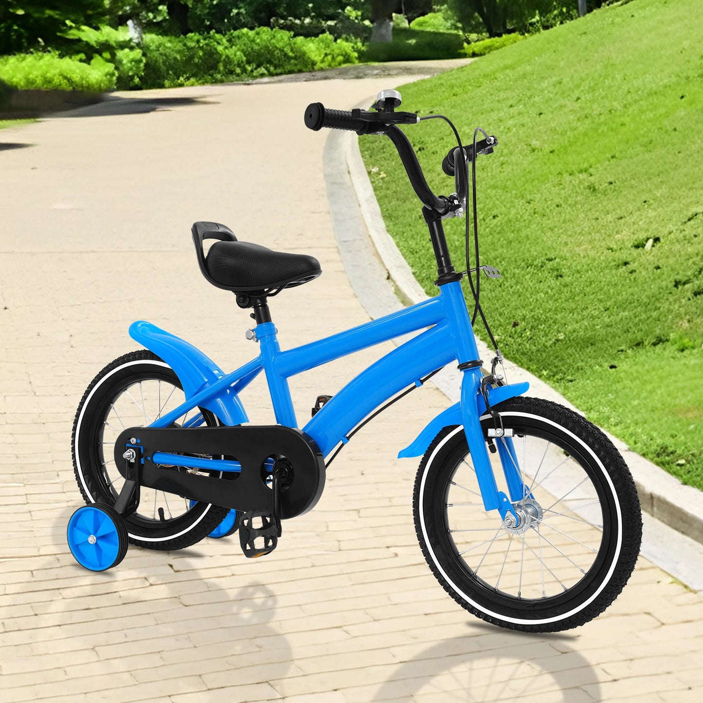 14'' Children's Bicycle,Kid's Learning Bike W/ 2 Training Wheels for 3-7 Years,Carbon Steel Bicycle,Red/White/Blue/Yellow