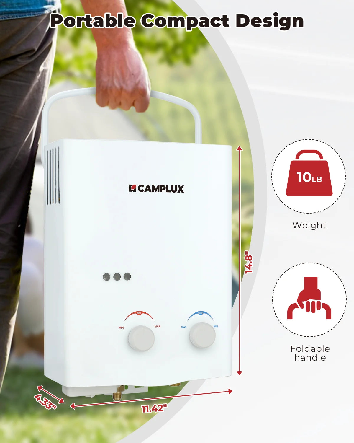 CAMPLUX Tankless Water Heater Outdoor 1.32 GPM Portable Propane Camping Water Heater 5L AY132 White