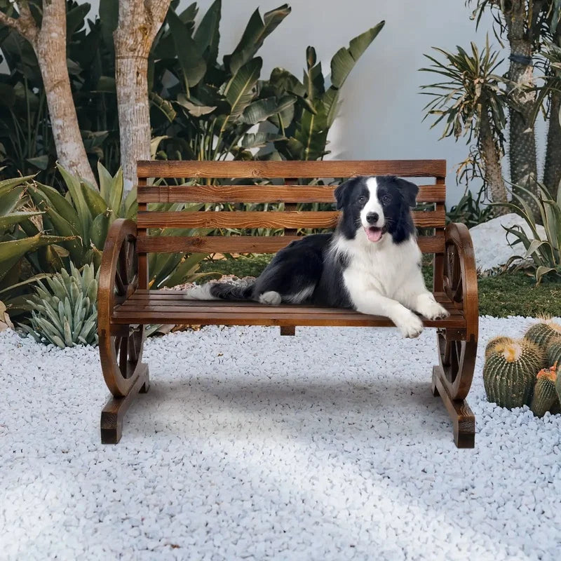 Rustic Fir Wood Garden Bench, Outdoor Wagon Wheel Wooden Loveseat, Brown Patio Bench for Outdoors