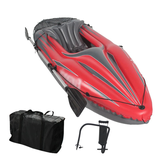 Inflatable Red Kayak Fishing Boat 1 Person Adult Canoe, with Paddles, Bag, Seats, High-Output Pump, Fin, for Lakes & Rivers