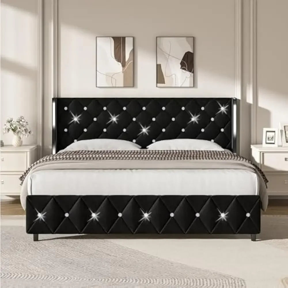King Size Bed Frame with Wingback, Upholstered Beds Frames with Diamond Tufted Headboard and Footboard, No Box Spring Needed