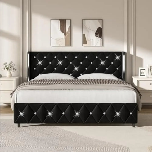 King Size Bed Frame with Wingback, Upholstered Beds Frames with Diamond Tufted Headboard and Footboard, No Box Spring Needed