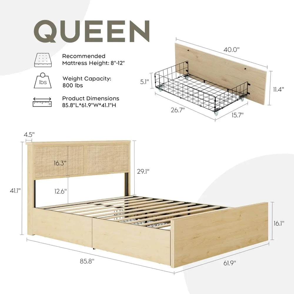 Queen Bed Frame with Natural Rattan Headboard and Wooden 4 Storage Drawers, Metal Platform with Strong Wooden Slats Suppo