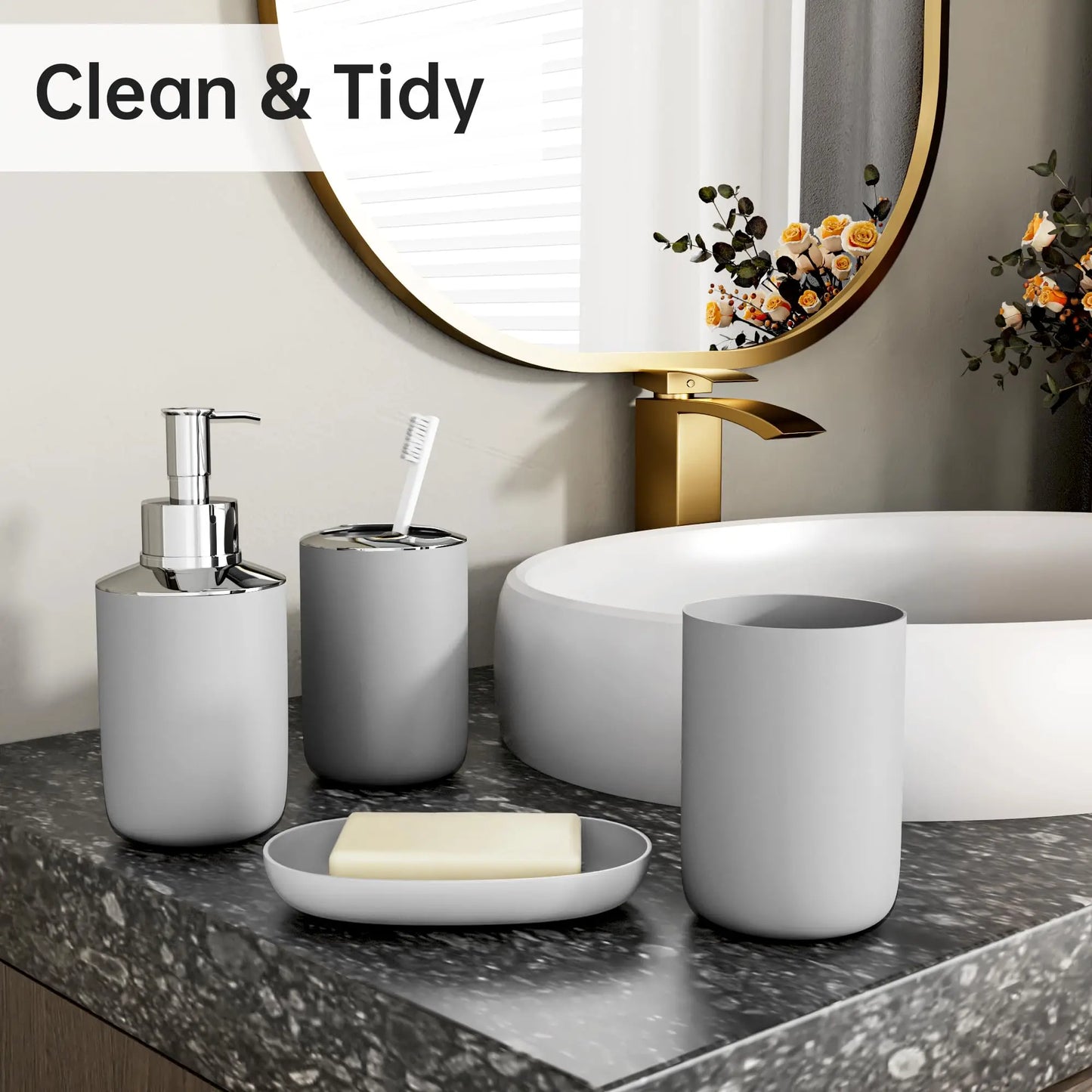 Bathroom Accessories Set 6 Piece Bath Ensemble Includes Toothbrush Holder Cup Soap Dispenser Housewarming Decorative Gift Set