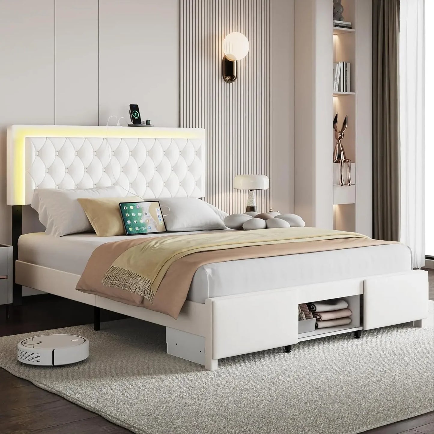 with Charged Headboard and 3 Storage Drawers,Upholstered Platform Bedframe with LED Light,Noise Free/No Box Spring Needed