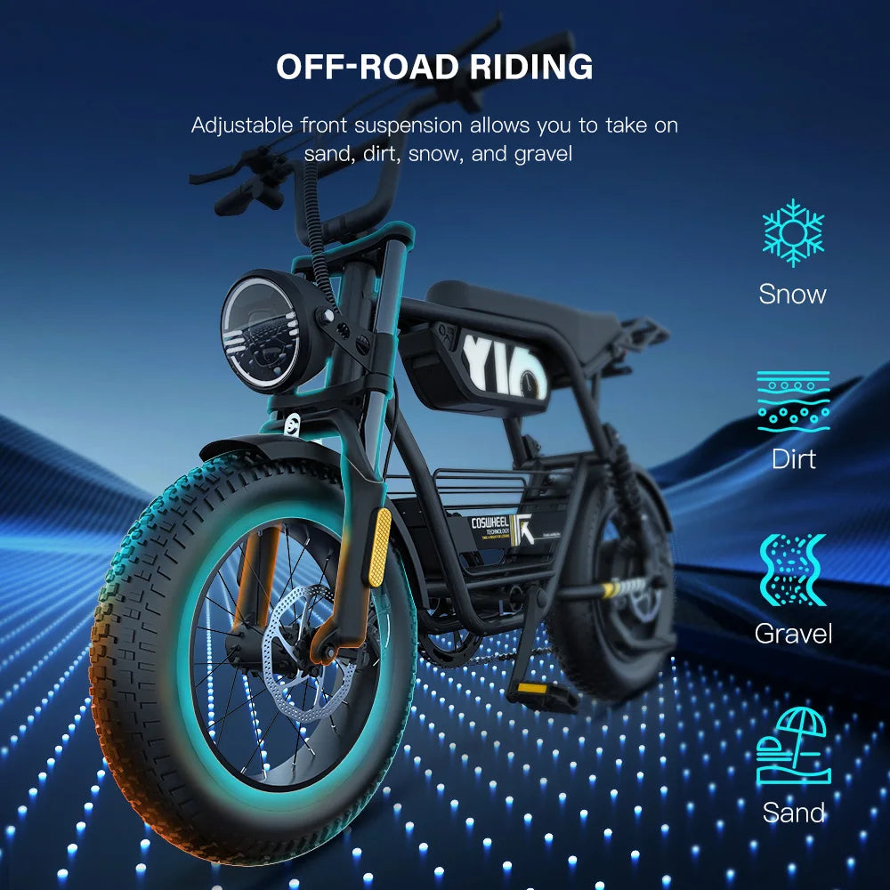 COSWHEEL Electric Bike Y16 1000W Moped Style Ebike 48V 15Ah Max Range 52 Miles Commuting Electric Motorcycle Mountain E-Bike