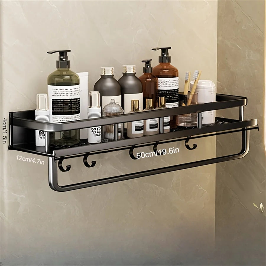 Aluminum Bathroom Supplies Storage Hook Shelf Multifunctional Wall Mounted Shelf Bathroom Towel Bar Bathroom Items Storage Rack