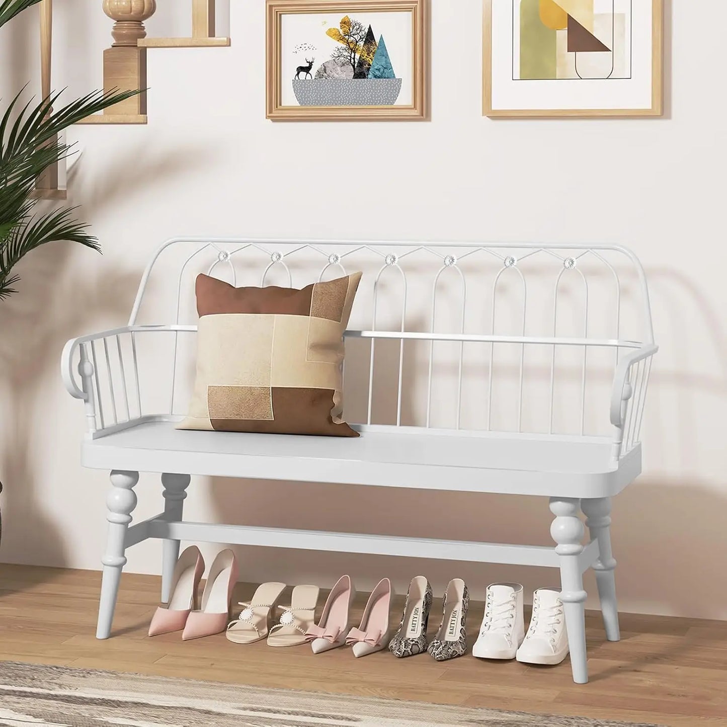 Entryway Bench, Farmhouse Dining Bench with Back, Wooden Indoor Benches Seat with Metal Spindle Back for Entryway, Hallway