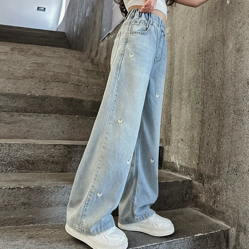 Summer Girls Middle School Fashion Loose Solid Color Small Love Jeans Casual Pants Wide Leg Pants 4-10 Years Old