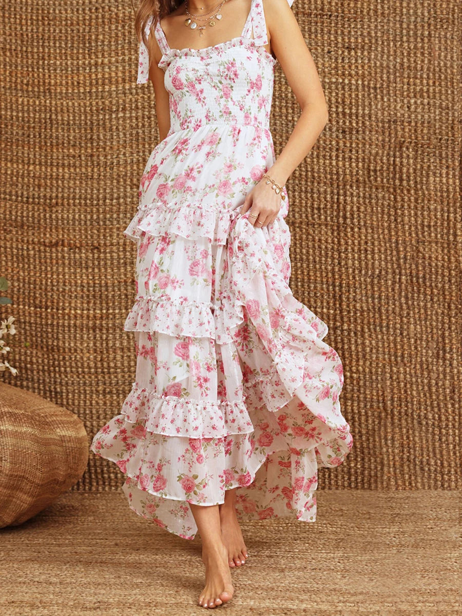 Elegant Sleeveless Floral Print Maxi Dress with Tiered Ruffle Detail and Adjustable Tie-Shoulder Straps for Women