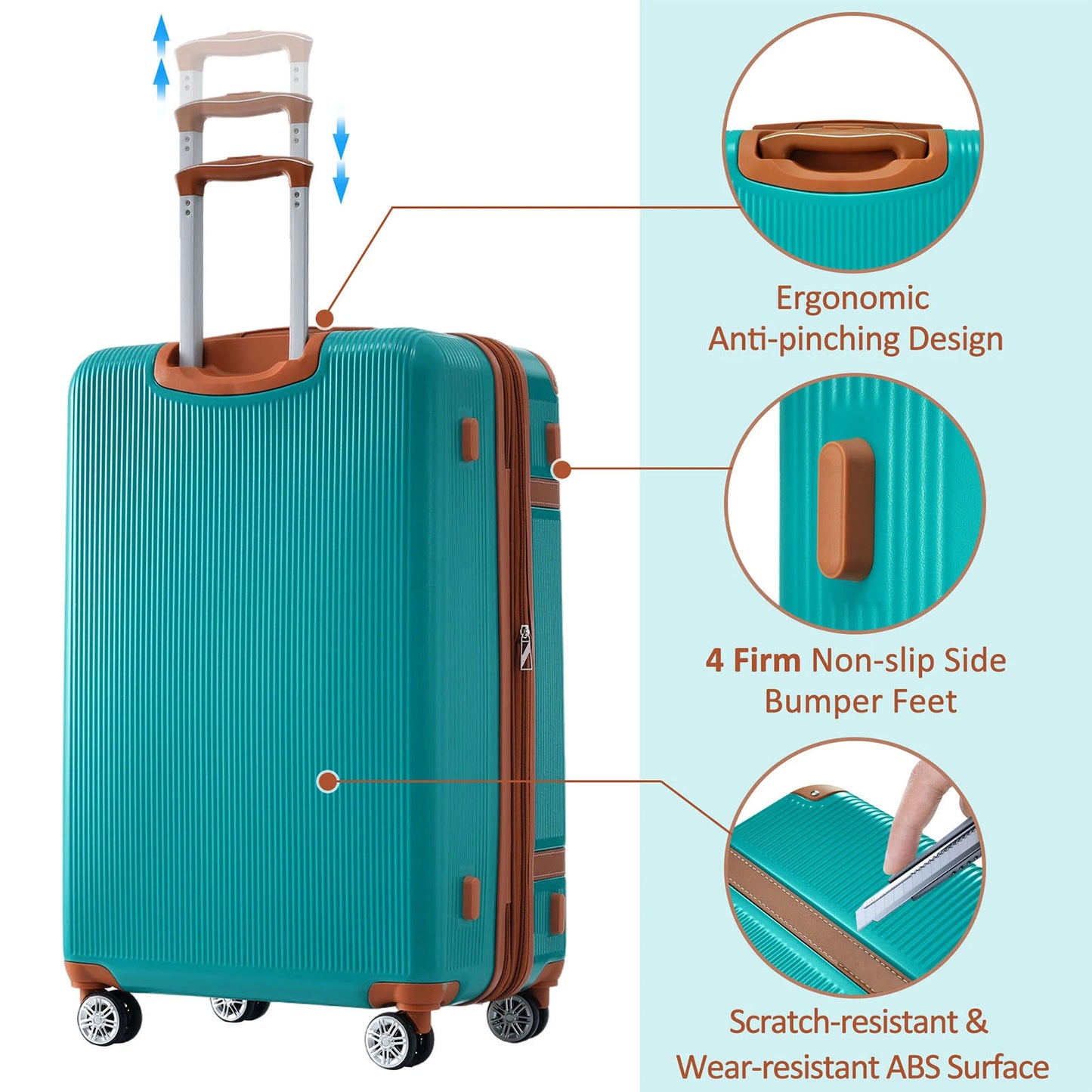 20'' 24'' 28'' 3 Pcs Luggage Travel Suitcase with 8 Spinner Wheels TSA Lock Collision-Protection Angle Travel Rolling Luggages
