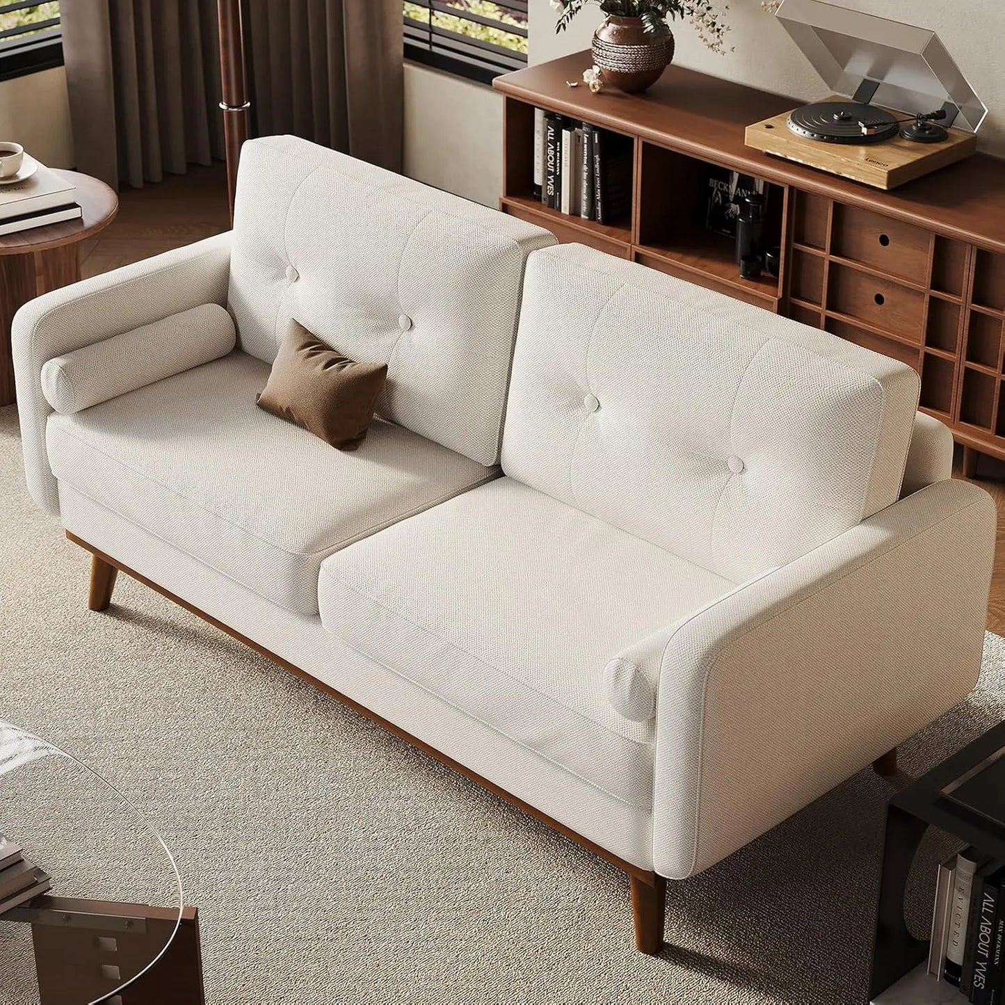 65"Sofa Mid Century Modern Couches for Living Room 2 Seater Deep Seat Couch Linen Upholstered Couch for Bedroom Office