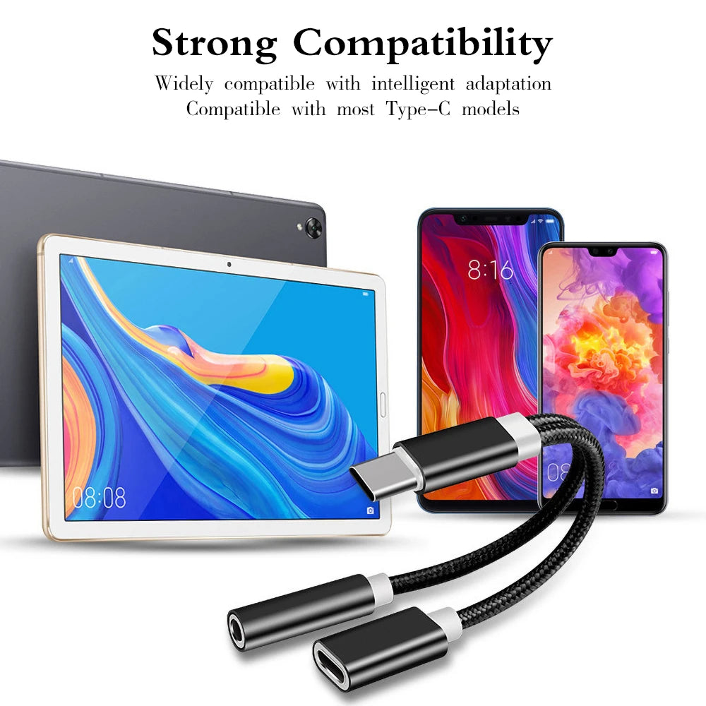 Nylon 2 In 1 Type-C To 3.5 mm Charger Headphone Audio Jack USB C Cable Type-C To 3.5mm Connector Adapter For Mobile Phone