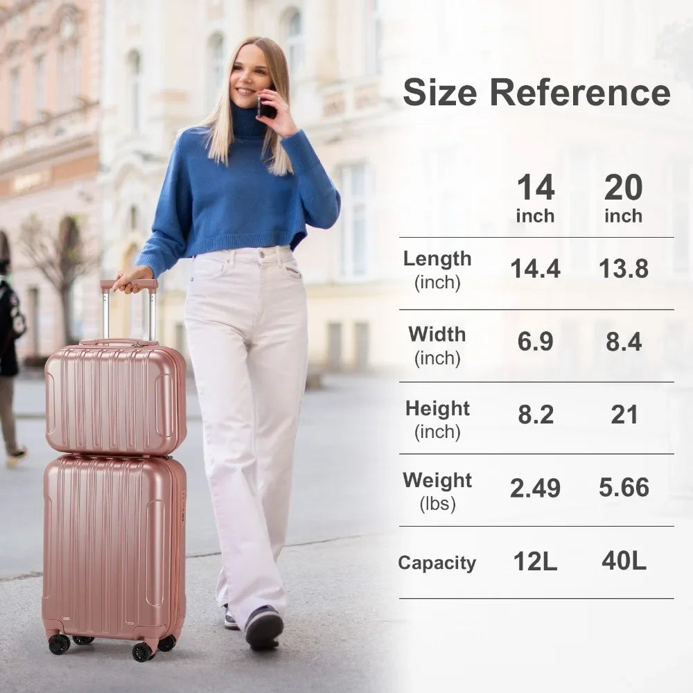 2 Piece Luggage Set,14" Mini Cosmetic Cases 20" Carry-On Expandble Luggage Hardside Lightweight Suitcase