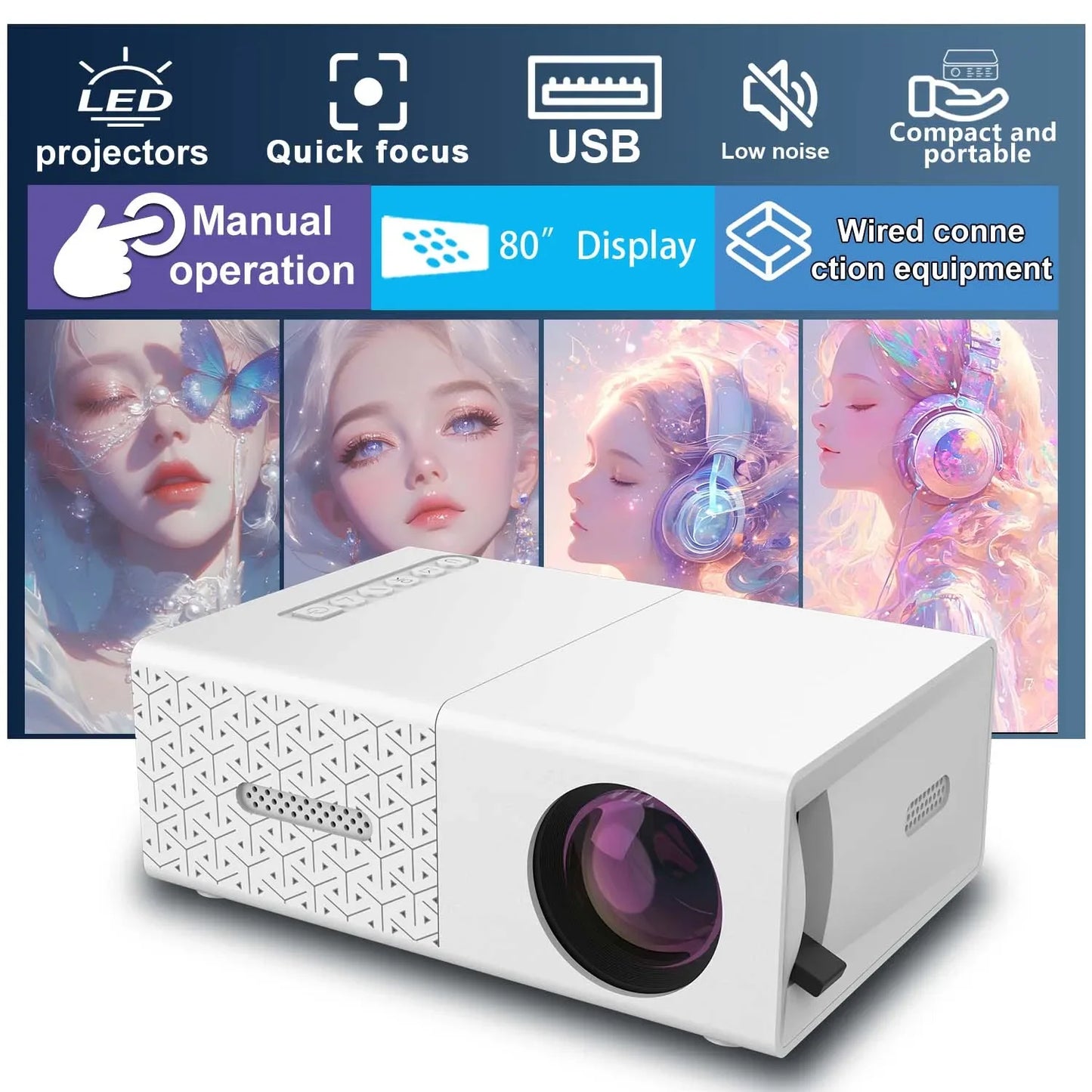 Projector Portable HD Projector, USB & HDMI Input, Compact Mini Home Theater Movie Video for Indoor Outdoor