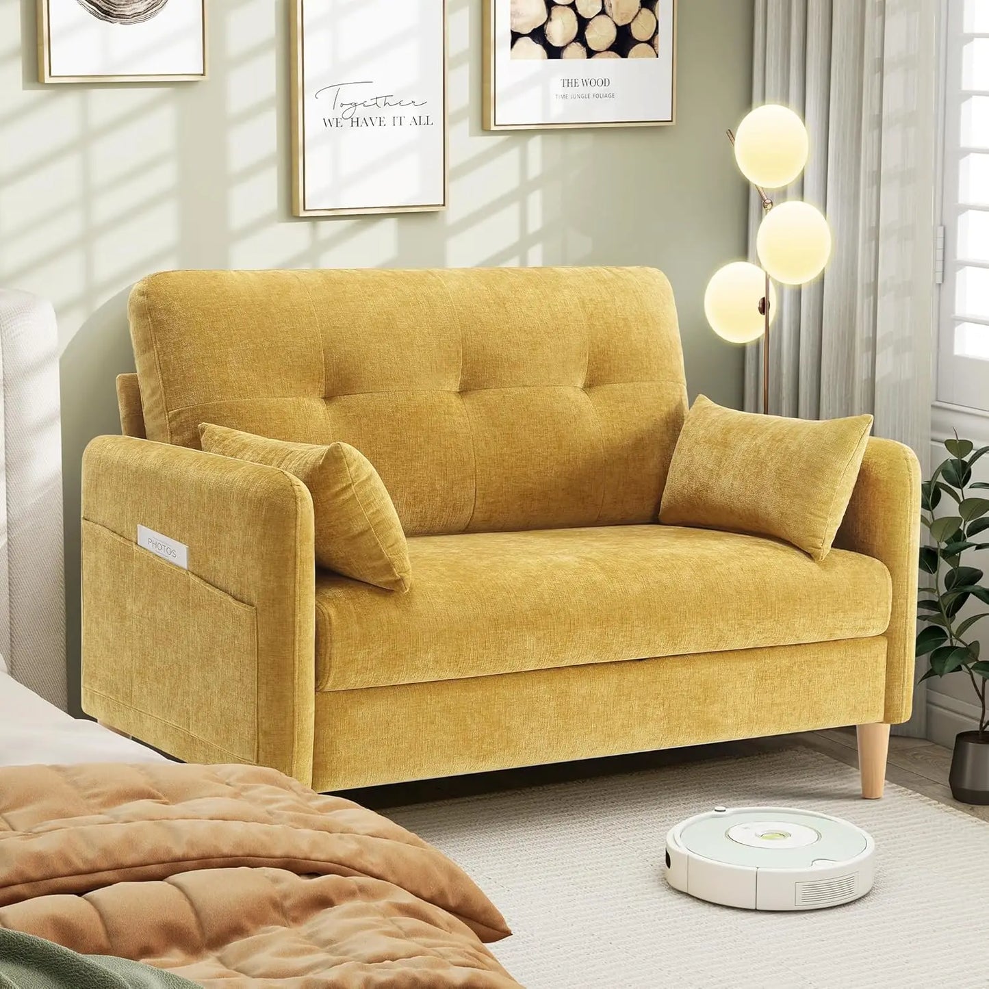 Hanherry Loveseat Sofa, 47” Small Couch for Living Room, Comfy Chenille Fabric Love Seat for Bedroom with Throw Pillow