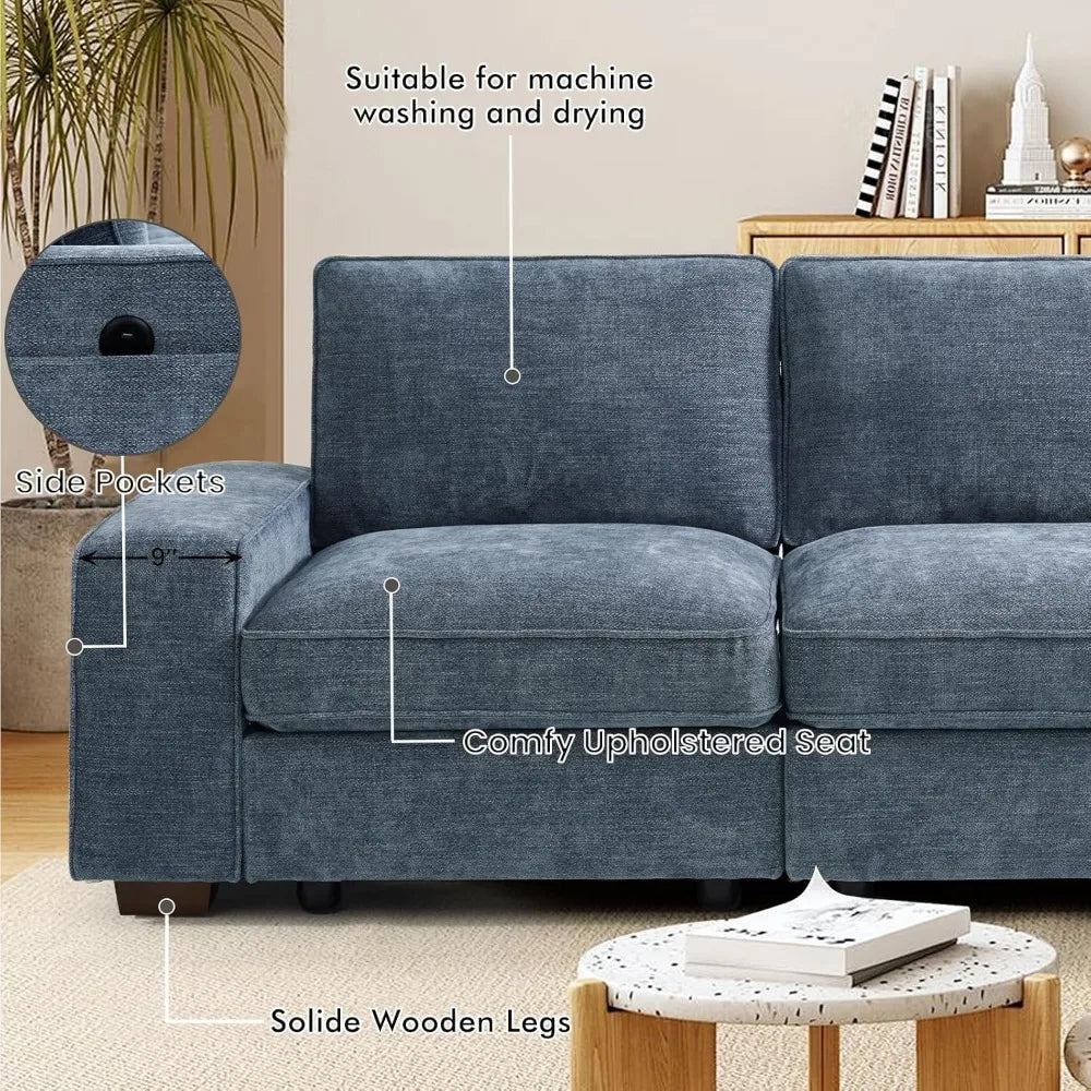 100" Modular Sofa with Seats Storage, Comfy 3-Seater Chenille Fabric Couch for Living Room, Office, Apart W/Deep Seat, USB Char