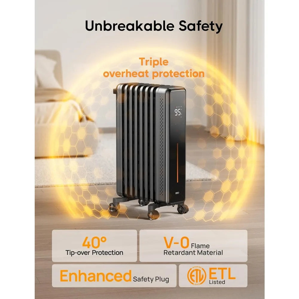 Radiator Heater, Portable，Oil Filled，Remote Control, 4 Modes, Overheat & Tip-Over Protection,24h Timer,Quiet,Anti-scald Handle