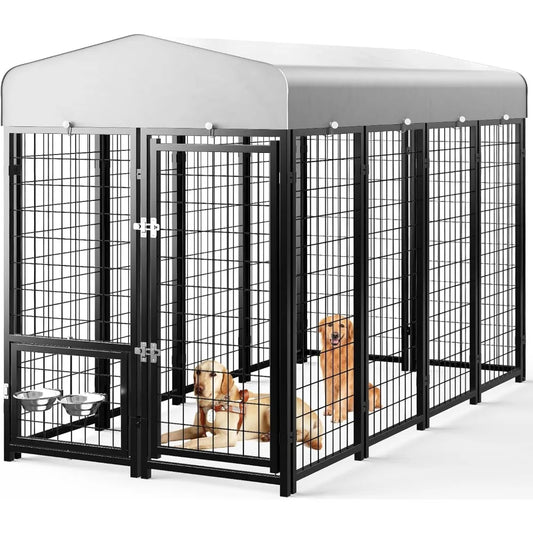 Dog Kennel Pen Outside Outdoor Dog Run with Roof, Swivel Feeders/Removable Doggy Door Allow Connecting Your Dog House- Kennel He