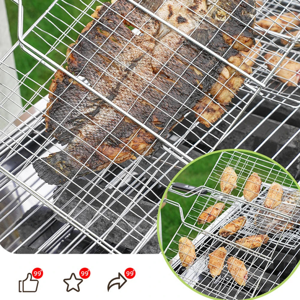 Portable Stainless Steel Grill Rack Outdoor Barbecue Fish Grilling Basket Wooden Handle Bbq Tool Camping Picnic Kitchen