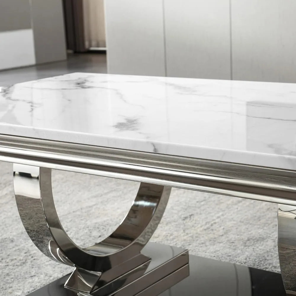 Modern Marble Coffee Table,Rectangular White and Silver with U-Shape Stainless Steel Base with Silver Mirrored Finish LivingRoom