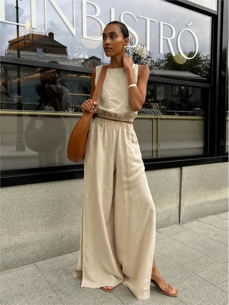 2025 New Fashion Cotton Linen Khaki Pants Sets Vacation Summer Sleeveless Tops And Split Pant Suits Two Pieces Office Ladies Set