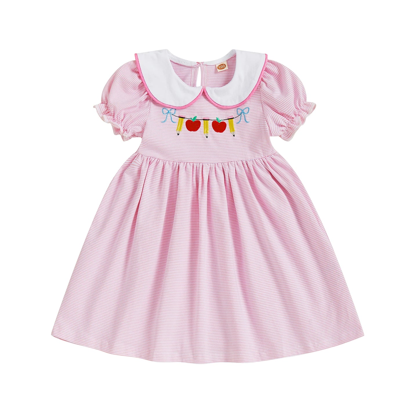 Girl Back to School Dress Striped Apple Pencil Embroidered Doll Collar Short Sleeve A-line Dress Cute Toddler Summer Clothes