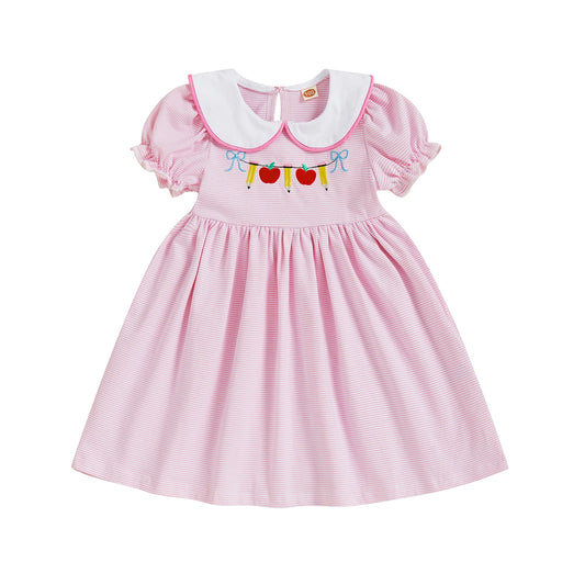 Girl Back to School Dress Striped Apple Pencil Embroidered Doll Collar Short Sleeve A-line Dress Cute Toddler Summer Clothes