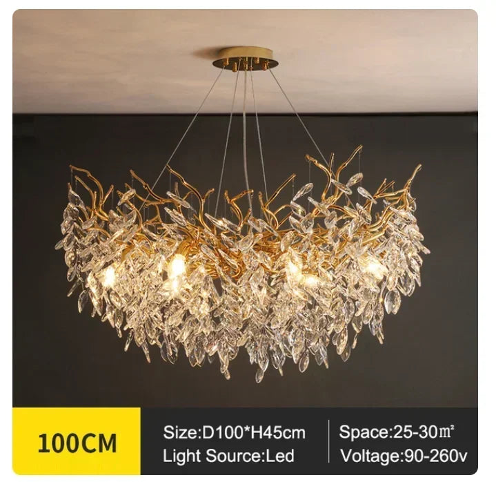 French luxury golden modern branch-shaped ceiling chandelier simple villa duplex American living room crystal LED chandelier