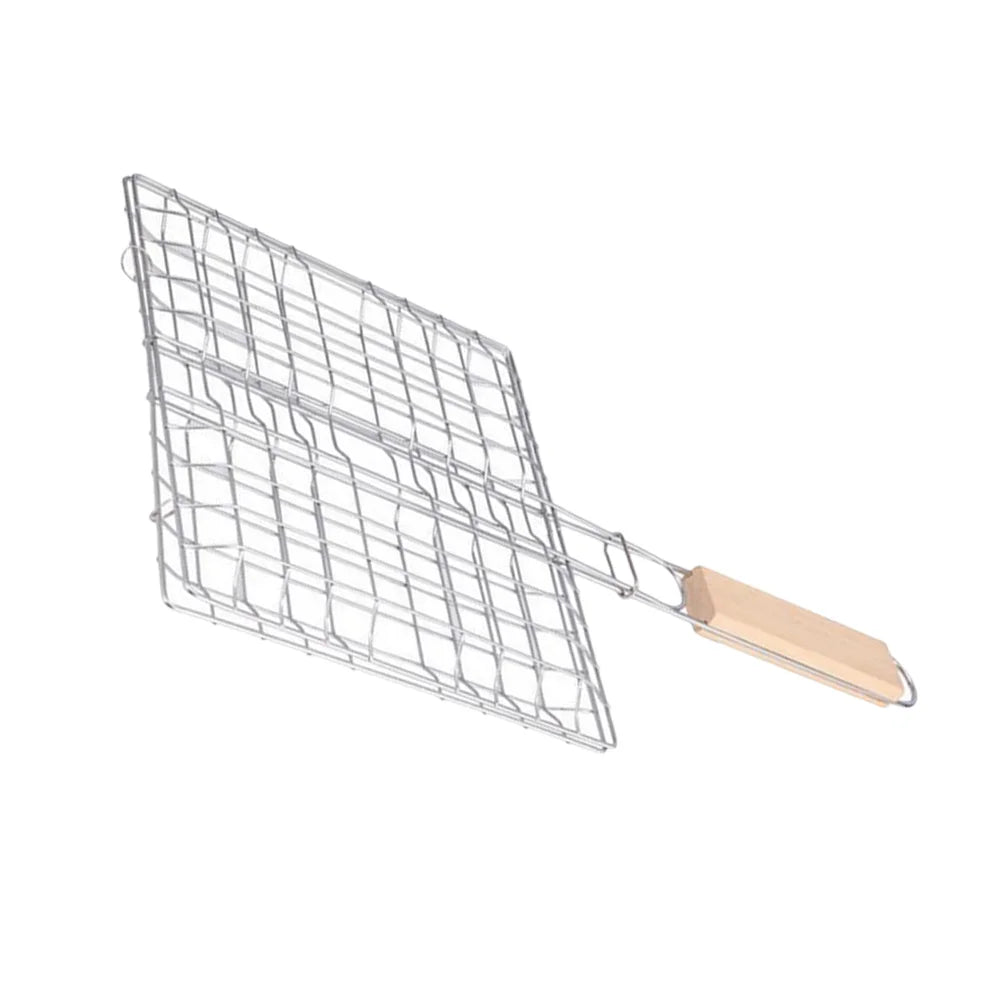 Portable Stainless Steel Grill Rack Outdoor Barbecue Fish Grilling Basket Wooden Handle Bbq Tool Camping Picnic Kitchen