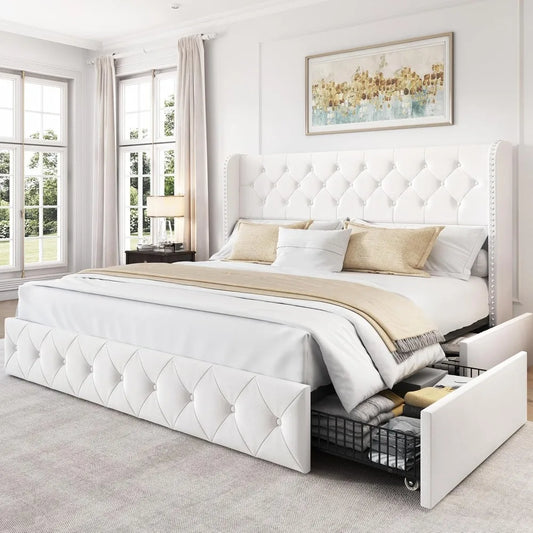 King Size Bed Frame with 4 Storage Drawers and Wingback Headboard Velvet Upholstered Platform Bed Frame Tufted Beds with Wooden
