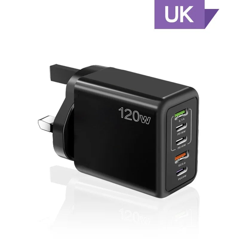 120W 5 in 1 2 USB 3 Type C Quick Charging Fast Wall Charger For iPhone Samsung Xiaomi Huawei Oppo Mobile Phone Adapter