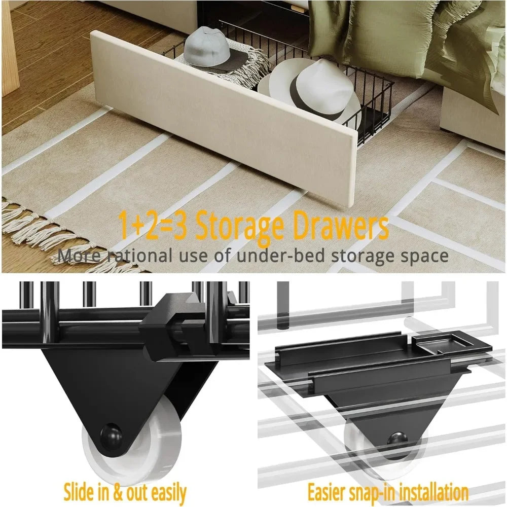 Full Size Bed Frame with 3 Drawers, Upholstered Platform Bed with Storage Headboard and Charging Station, No Box Spring