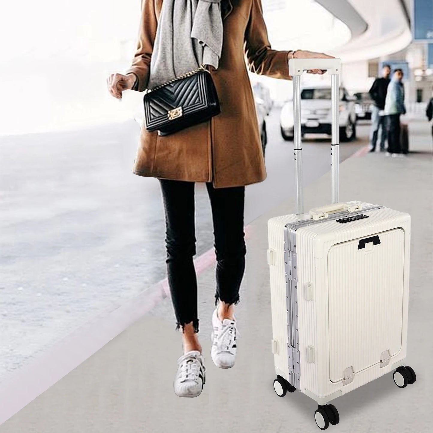 20" Front Open Boarding Suitcase Multifunctional Universal Wheel Suitcase Boarding box Rolling Luggage Bag with Cup holder