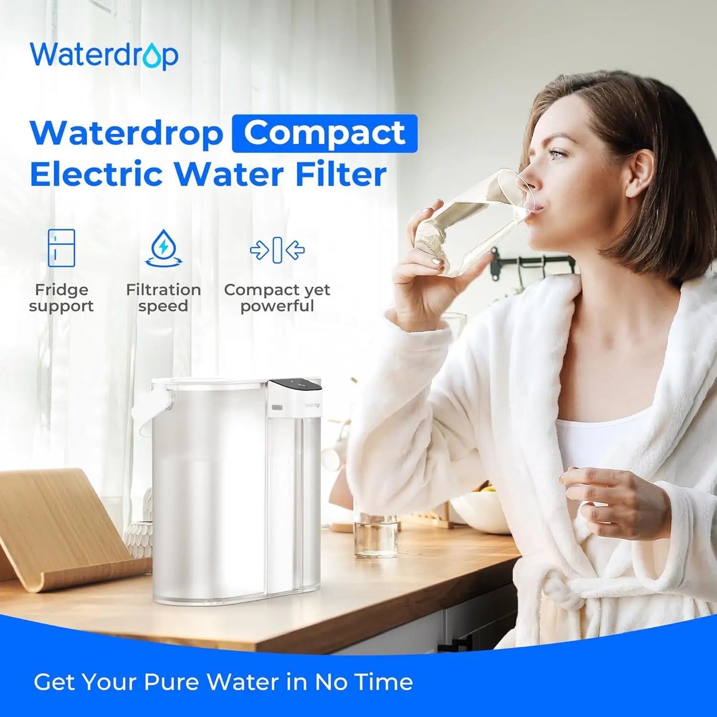 Waterdrop Compact Electric Water Filter Pitcher, 200-Gallon Rechargeable Powerful Dispenser, NSF/ANSI 42&53&401, Reduce PFAS