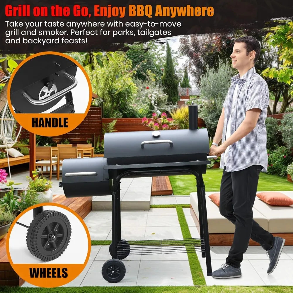 Charcoal BBQ Grill With Offset Smoker: Large Oil Drum Barbecue Barrel Grill For Outdoor Garden