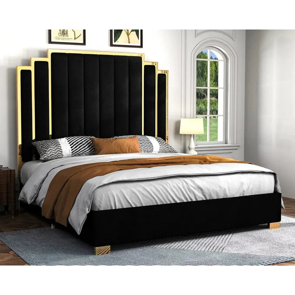 Queen Size Platform Bed Frame, 61.4" Velvet Upholstered Bed with Gold Trim Headboard/Wooden Slats/No Box Spring Needed