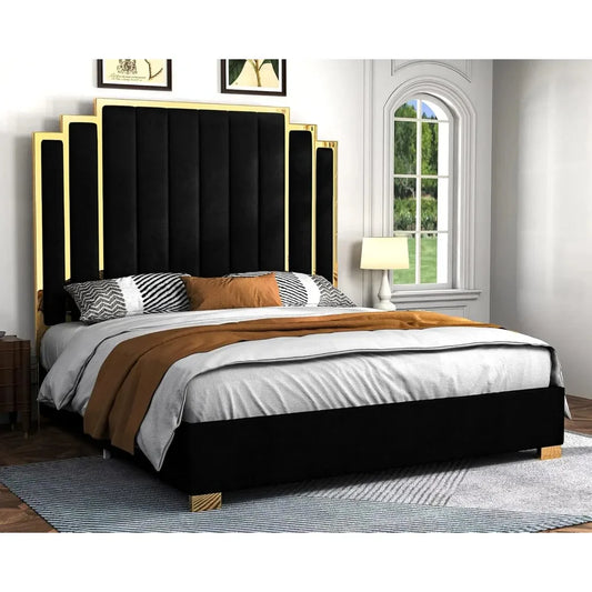 Queen Size Platform Bed Frame, 61.4" Velvet Upholstered Bed with Gold Trim Headboard/Wooden Slats/No Box Spring Needed