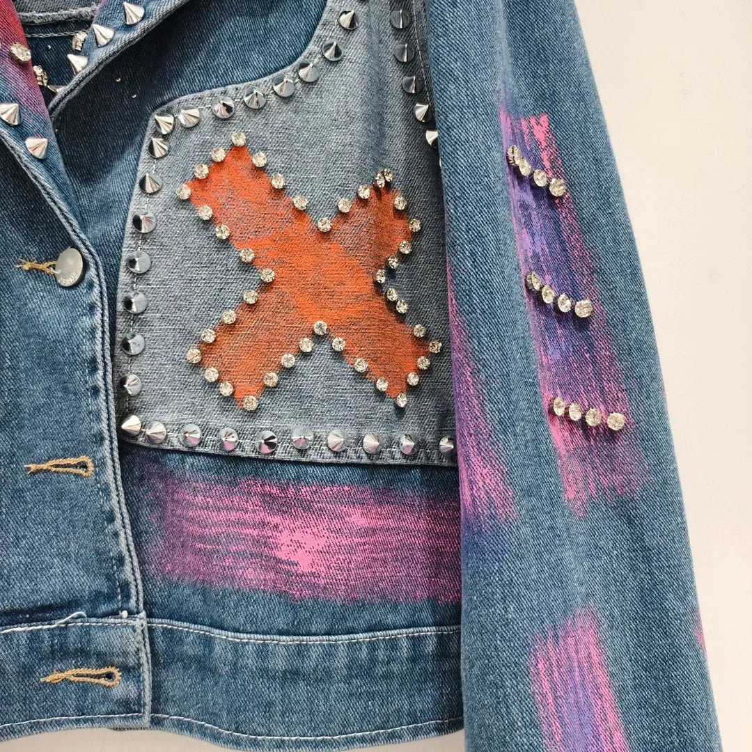 Women Spring Hand Painted Graffiti Diamonds Beaded Denim Jacket Loose Rivets Jeans Coat Turn Down Collar Cowboy Cardigan Tops