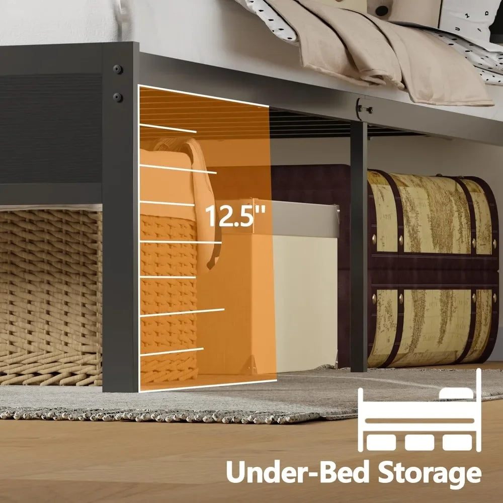 Queen Size Bed Frame with Storage Headboard and LED Lights Metal Bedframe with Charging Station Platform Bed