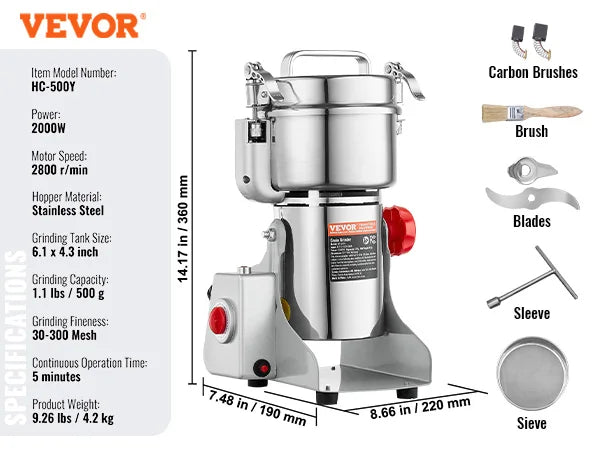 VEVOR 150-2500g Electric Grain Mill Grinder Commercial Swing Spice Grinders for Dry Herbs Grains Spices Cereals Coffee Corn