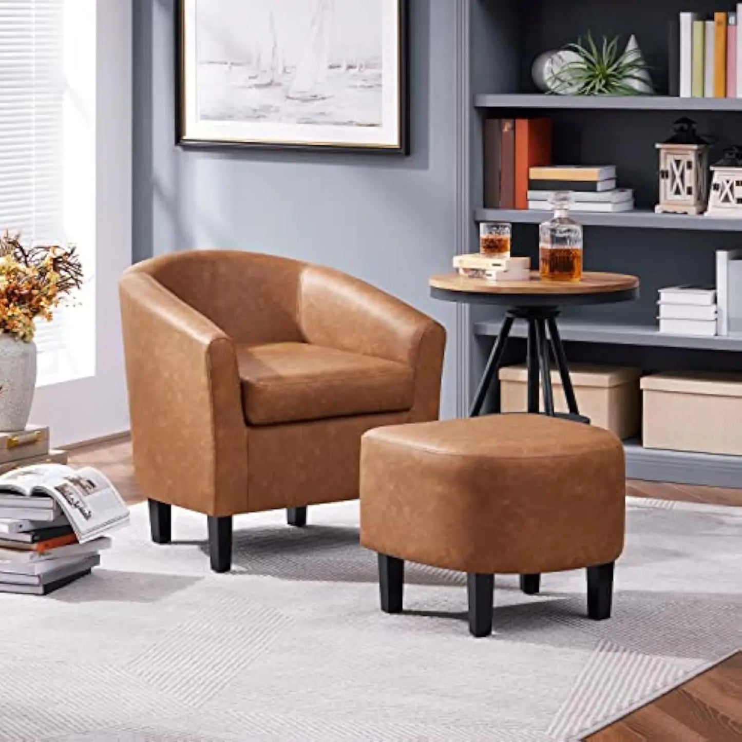Accent Chair with Ottoman Footstool, PU Leather Modern Upholstered Soft Barrel Chair, Comfy Club Armchair and Footrest Set for