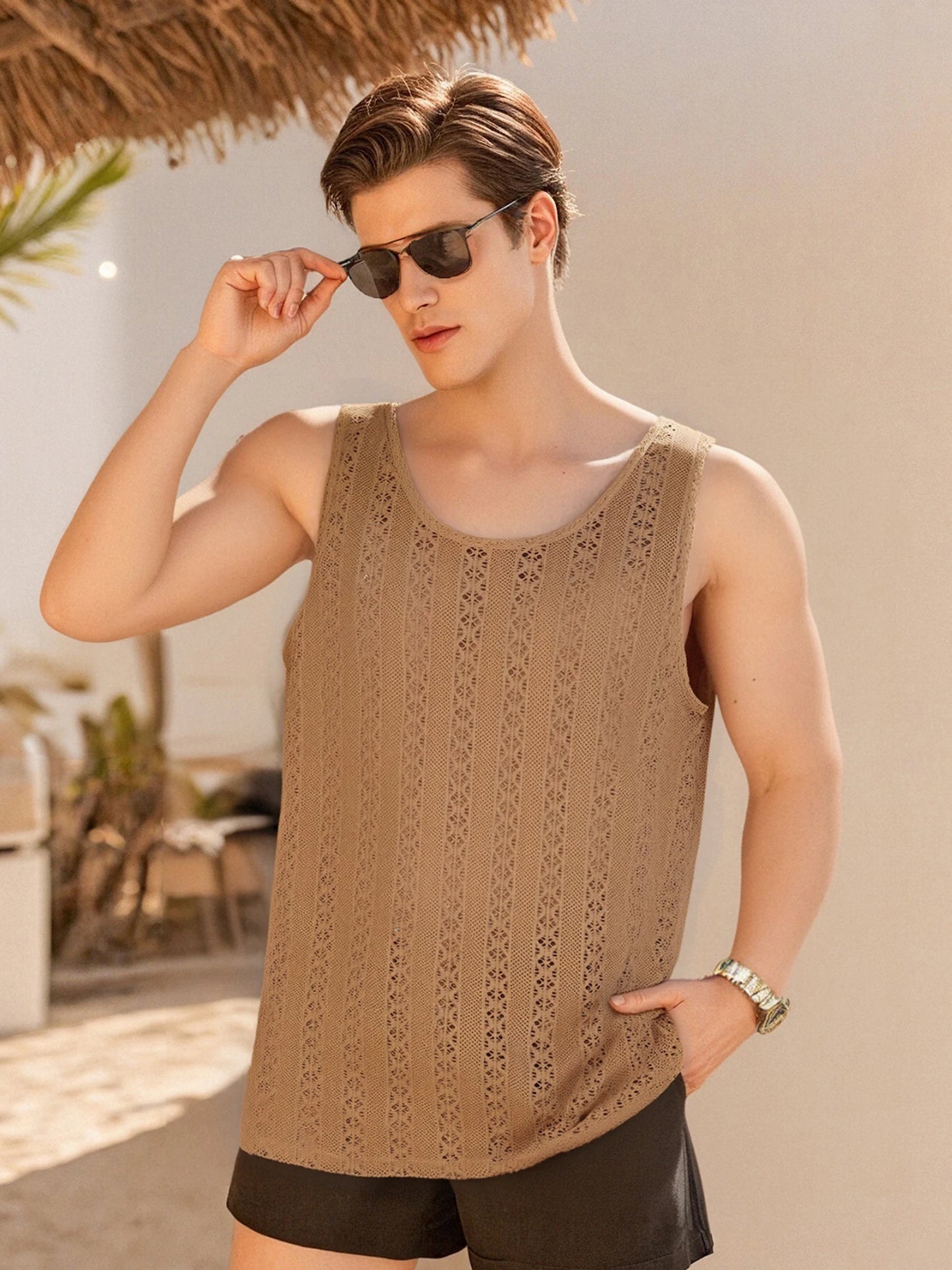 Men s Lightweight Breathable Sleeveless Tank Tops Solid Color Round Neck Casual Summer Beach Vest with Jacquard Hollow Out