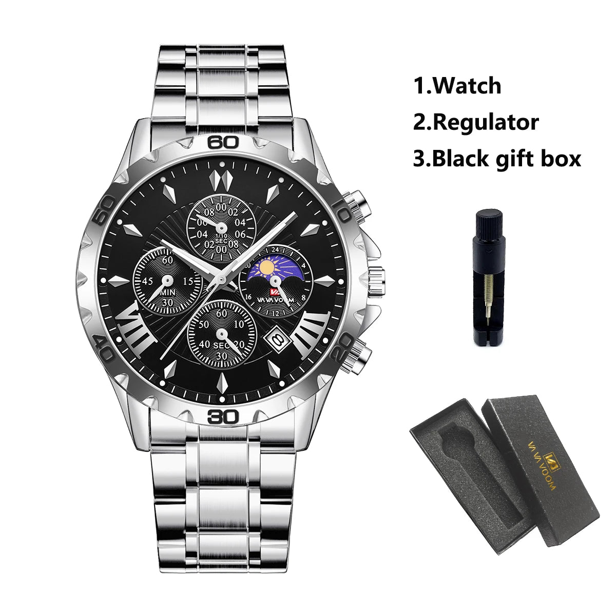 VA VA VOOM Top Brand Luxury Watch for Man Quartz Sports Men Watch Waterproof Luminous Stainless Steel Chronograph Men Wristwatch