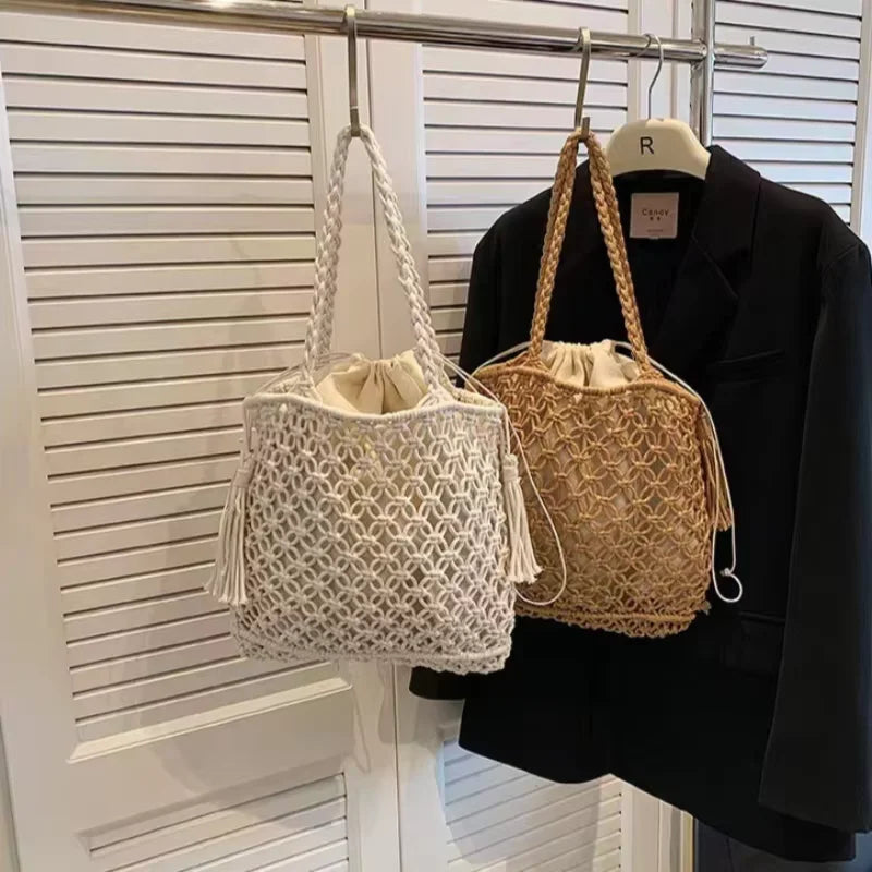 Fashion Handmade Woven Bag Tassel Accessories Summer Woven Solid Color Shoulder Bag Large Tote Bag