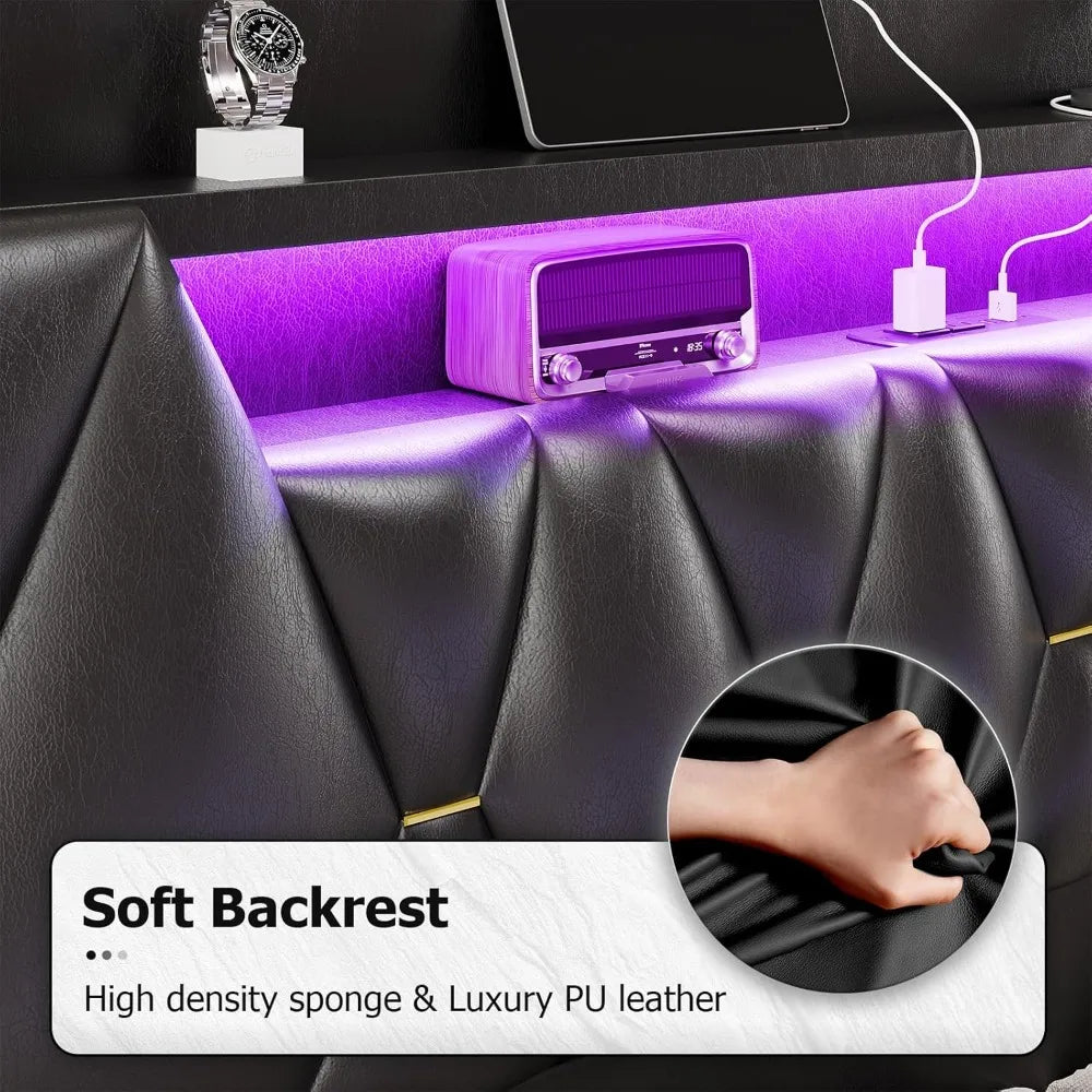 Charging Station Including 2 Sockets,Queen Size bed Frame with 2-Tier Storage Shelves,No Box Spring Needed,PU leather