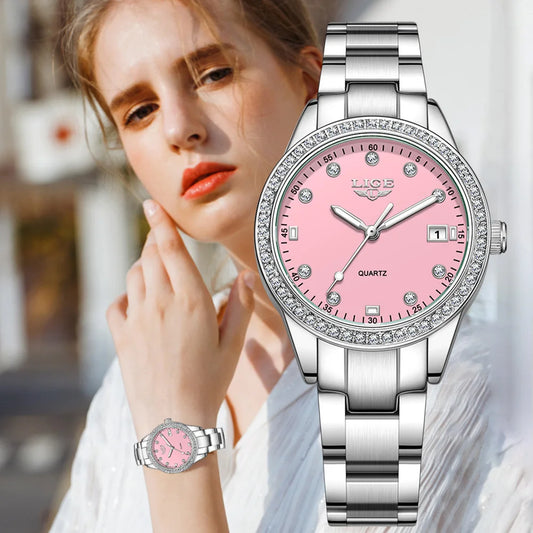 LIGE Original Diamond Dial Quartz Watch for Women Fashion Elegant Ladies Watches Stainless Steel Waterproof Women's Wristwatch