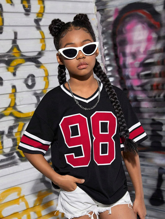 Girls 3D Print V-Neck Short Sleeve T-Shirt Summer Graphic NO.98 Print Jersey Sport Women's Children T-Shirt Tops Tee